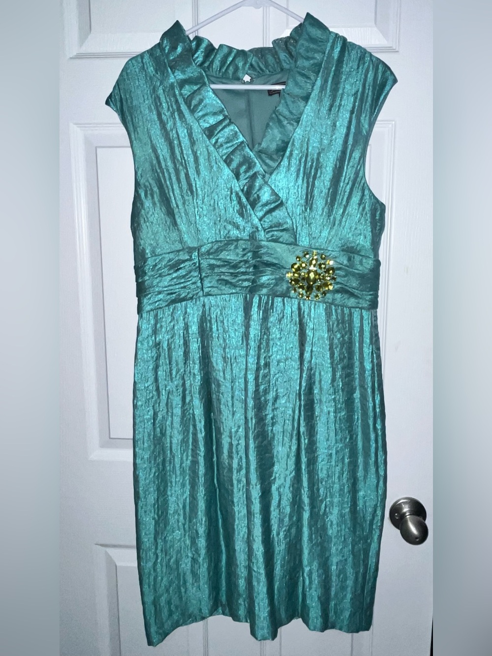 Jessica Howard Teal Ruffle V-Neck Dress with Jeweled Waist Accent